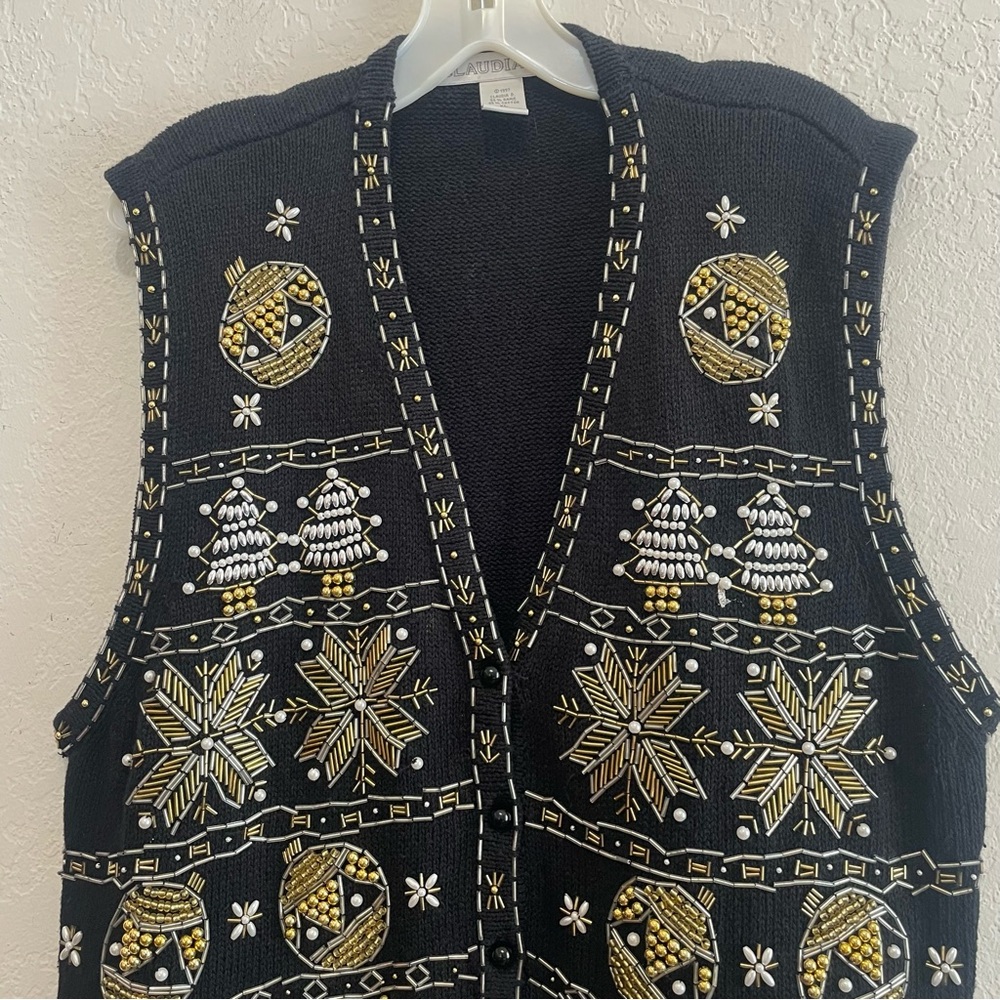 Claudia D Holiday Vest Womens XL Black Knit Gold Bead Button Front Vintage - Picture 4 of 9
